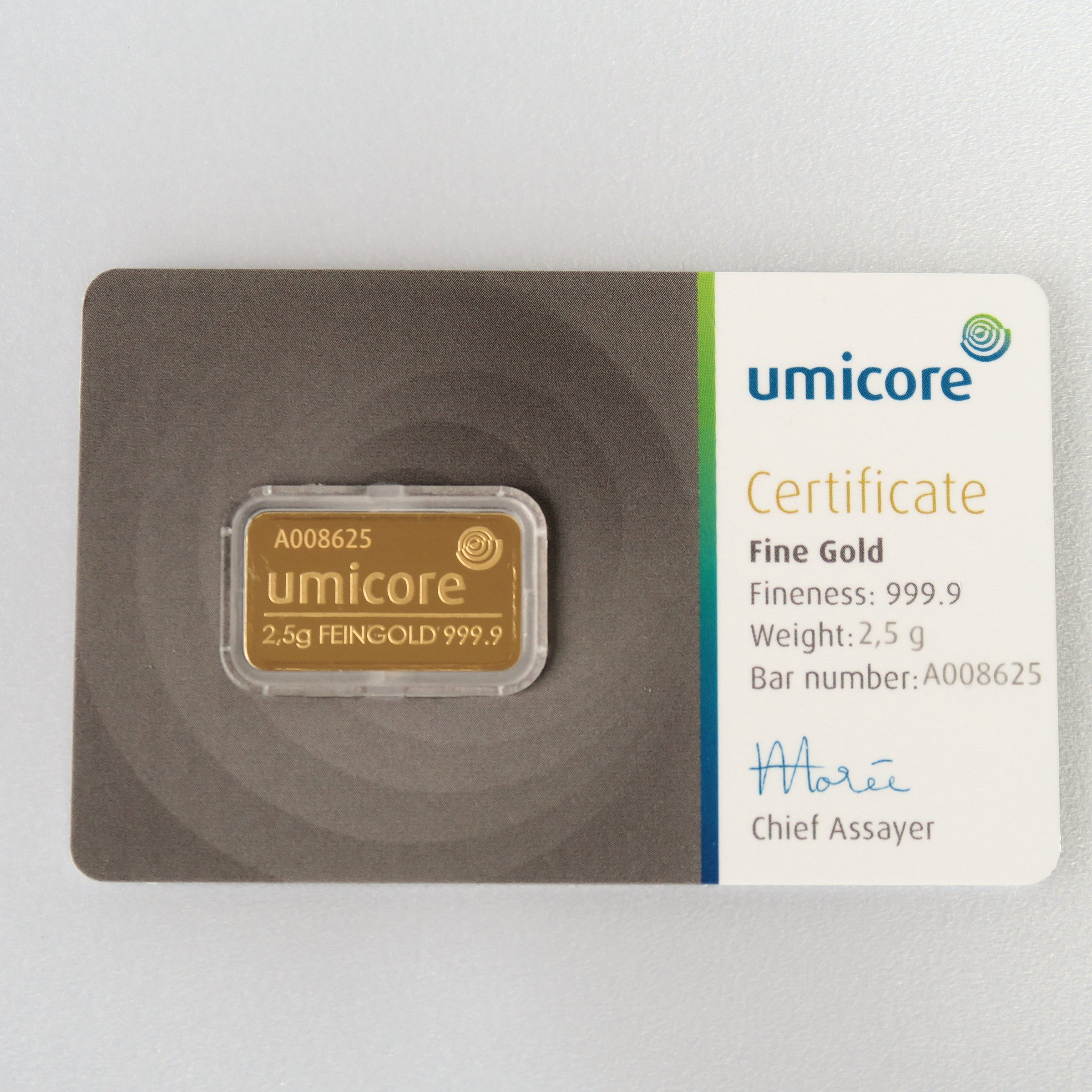 Goldbarren 2,5g UMICORE/Blister m. Zertifikat - Hauptansicht