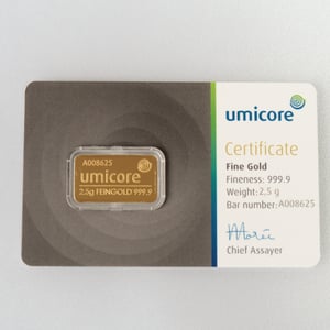Goldbarren 2,5g UMICORE/Blister m. Zertifikat - Hauptansicht