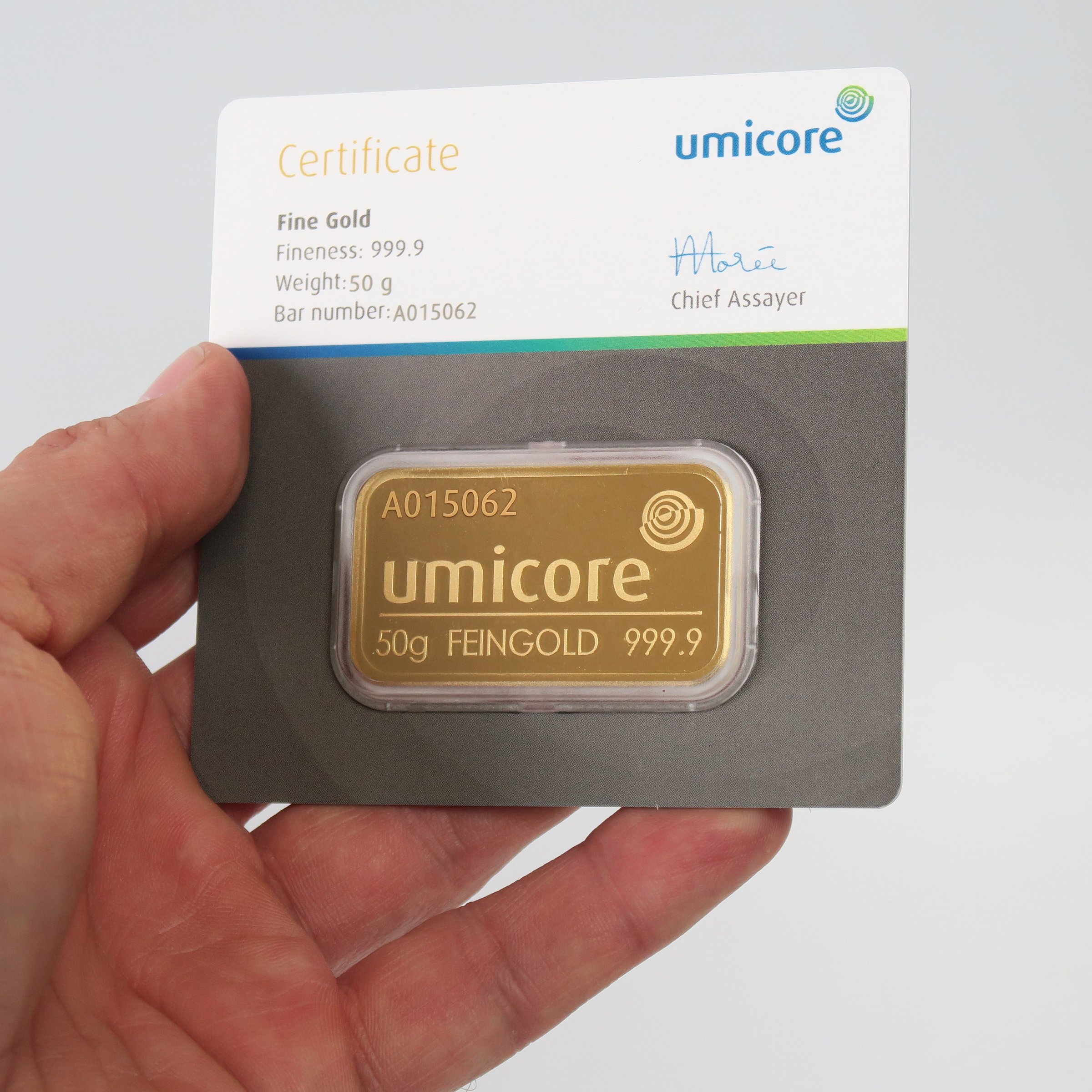 Goldbarren 50g UMICORE/Blister m. Zertifikat - Detailansicht 3