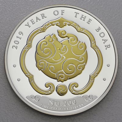 Silbermünze 1oz "Schwein" 2019 (vergoldet) Lunar – Year of the Dog (Bhutan) - Miniaturansicht 1