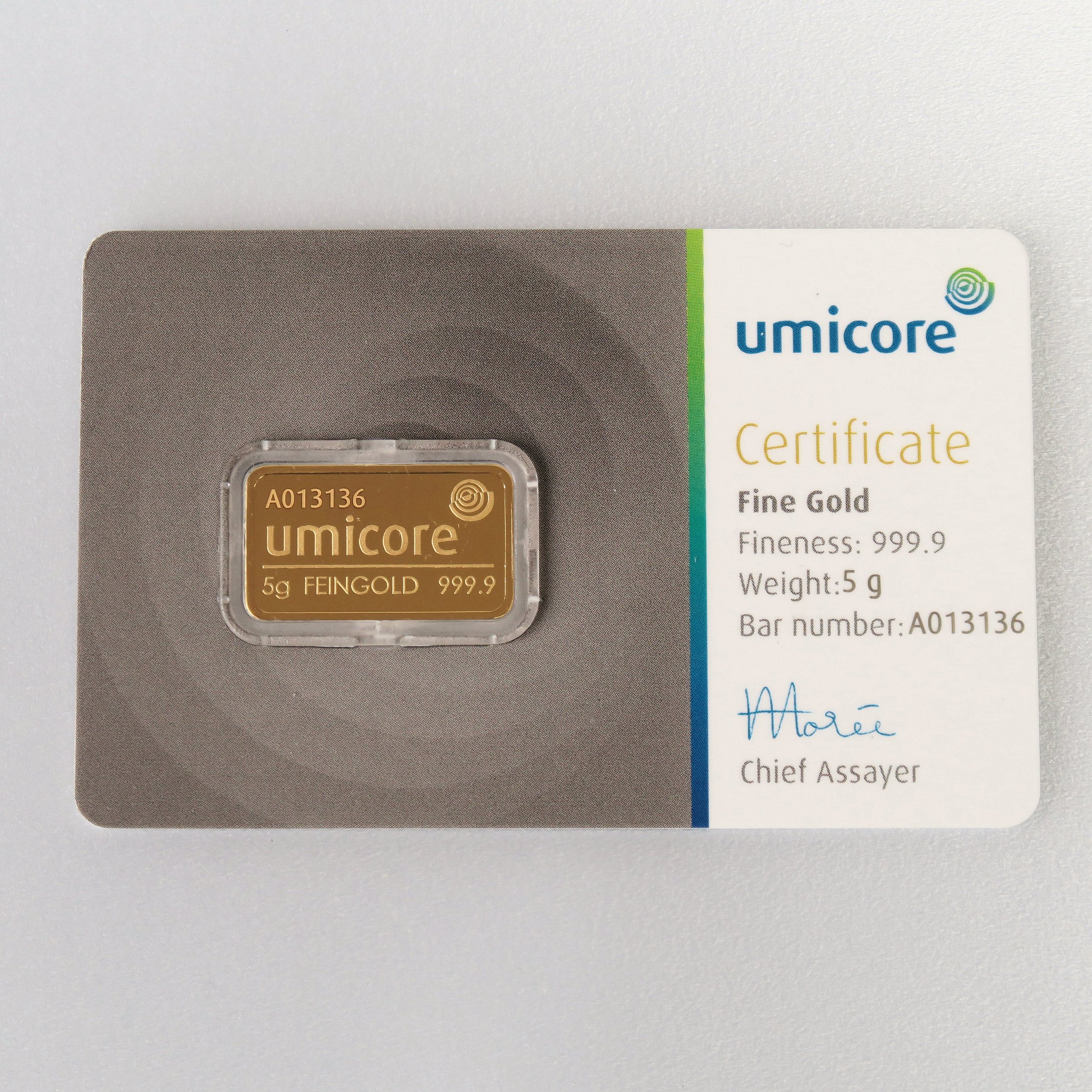 Goldbarren 5g UMICORE/Blister m. Zertifikat - Hauptansicht