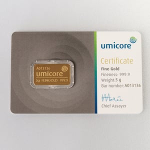 Goldbarren 5g UMICORE/Blister m. Zertifikat - Hauptansicht