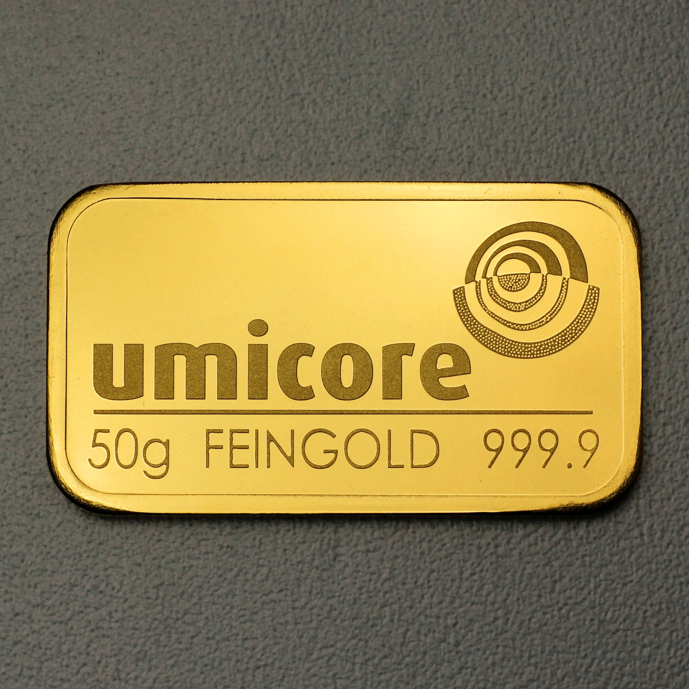 Goldbarren 50g UMICORE geprägt - Hauptansicht