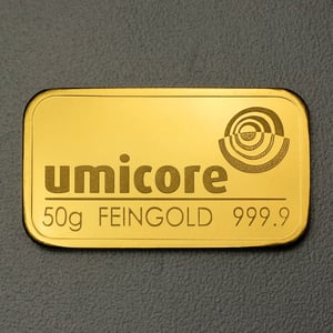 Goldbarren 50g UMICORE geprägt - Hauptansicht