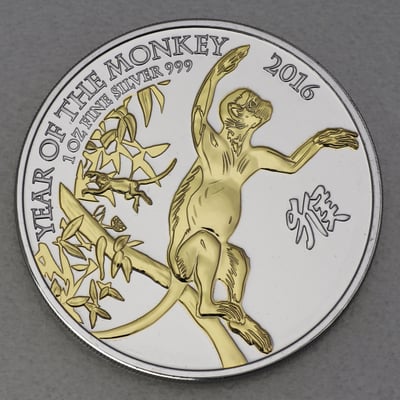 Silbermünze 1oz "Affe" 2016 (vergoldet) Lunar – Year of the Monkey (Großbritannien) - Miniaturansicht 1