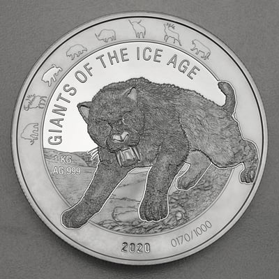 Silbermünze 1kg "Säbelzahnkatze" 2020 Giants of Ice Age (Ghana) - Miniaturansicht 1