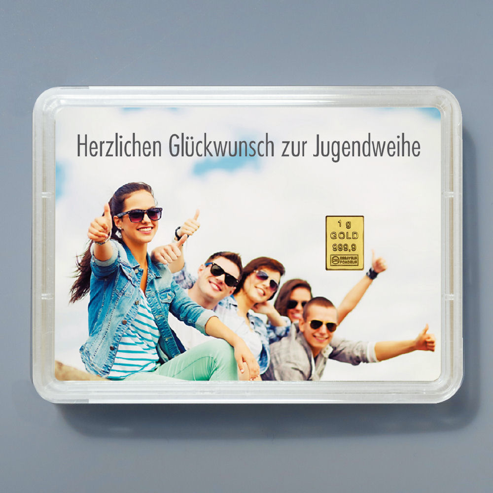 Goldbarren 1g "Glückwunsch Jugendweihe" (Motivbox) - Hauptansicht