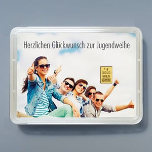 Goldbarren 1g "Glückwunsch Jugendweihe" (Motivbox) - Hauptansicht
