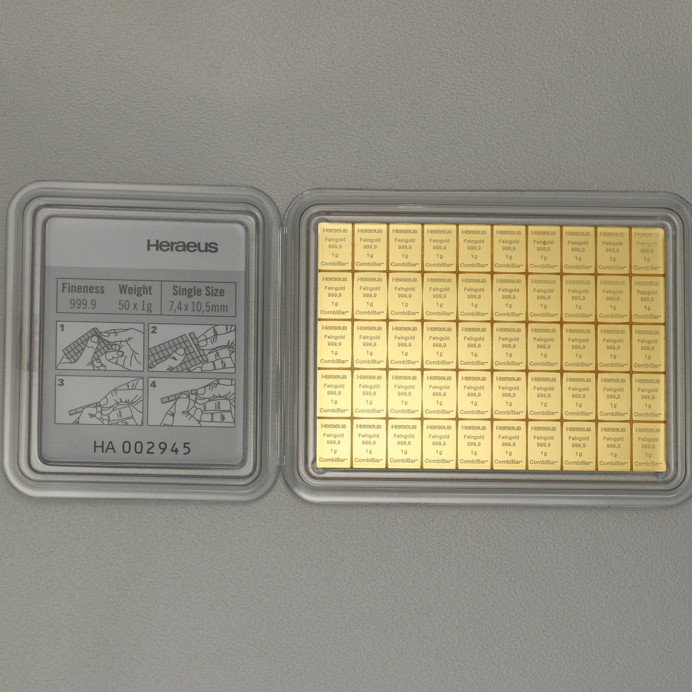 Goldtafel HERAEUS (50x 1g Gold) "CombiBar" - Detailansicht 3