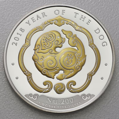 Silbermünze 1oz "Hund" 2018 (vergoldet) Lunar – Year of the Dog (Bhutan) - Miniaturansicht 1