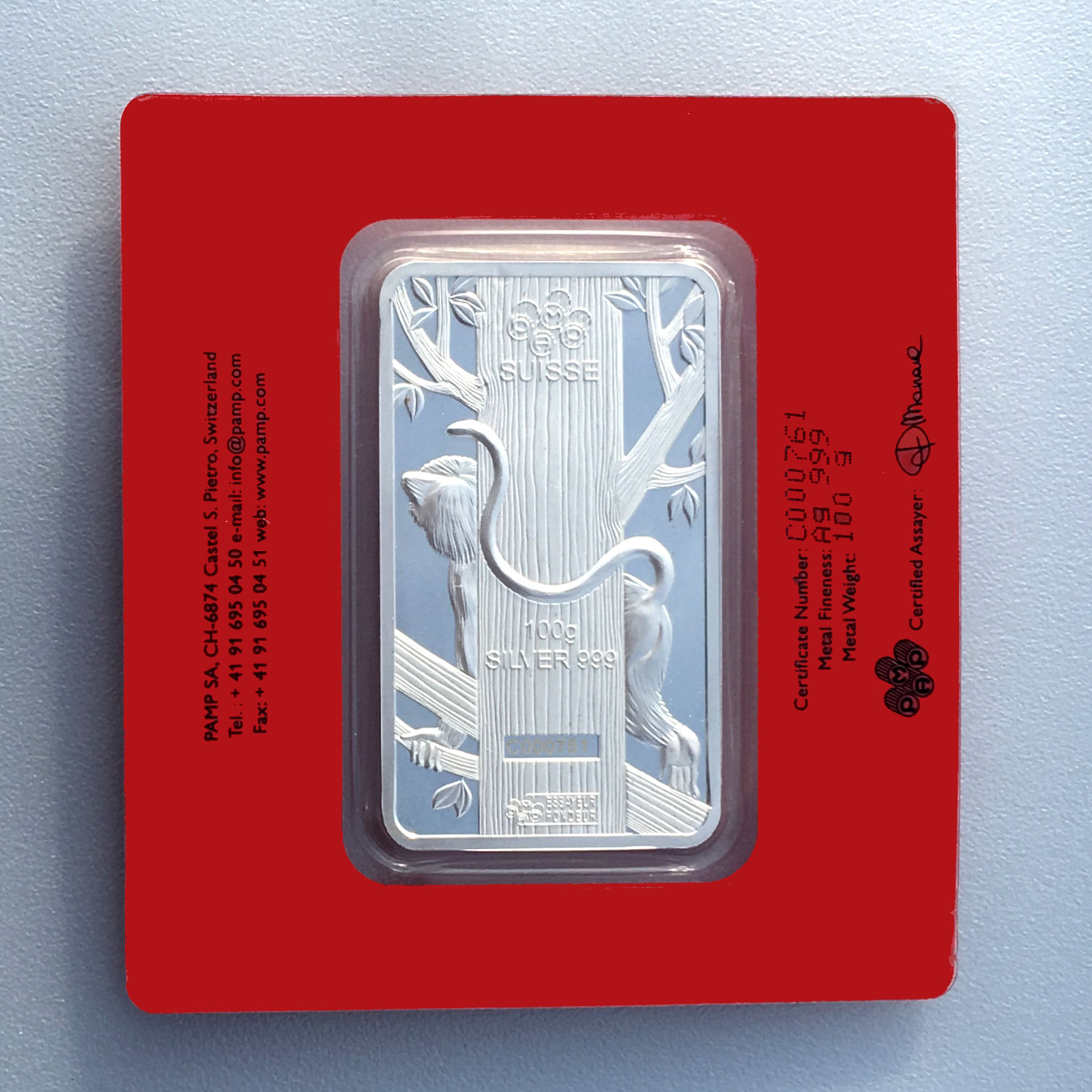 Silberbarren 100g "Affe 2016" Lunar PAMP - Detailansicht 1