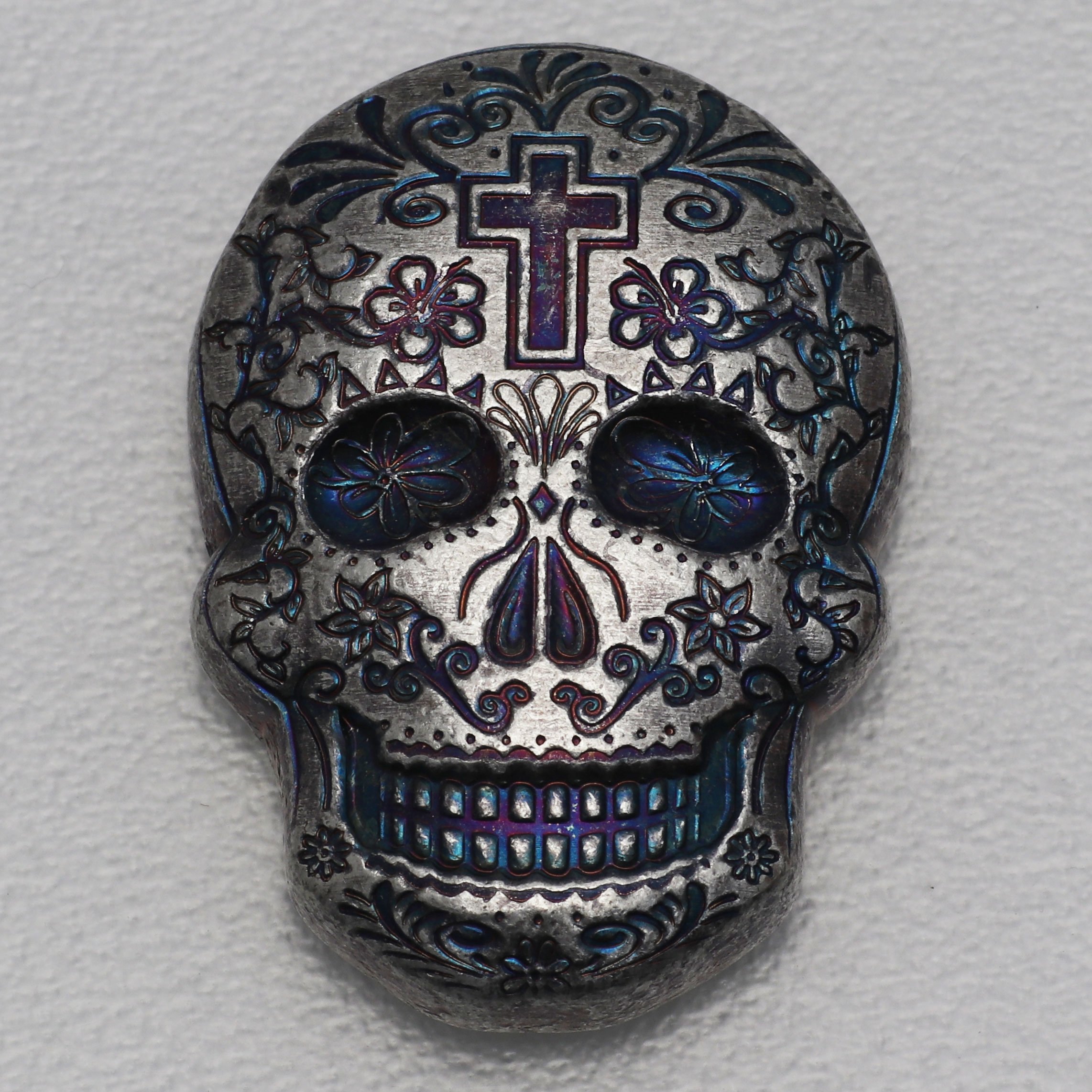Silber 3-D Barren "Sugar Skull" 2oz, gegossen Day of the Dead: Cross - Detailansicht 2