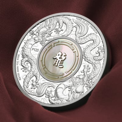 Silbermünze 2oz "Double Dragon & Pearl" 2024 (PP) Perlmutt-Einsatz 19% (Australien) - Miniaturansicht 5