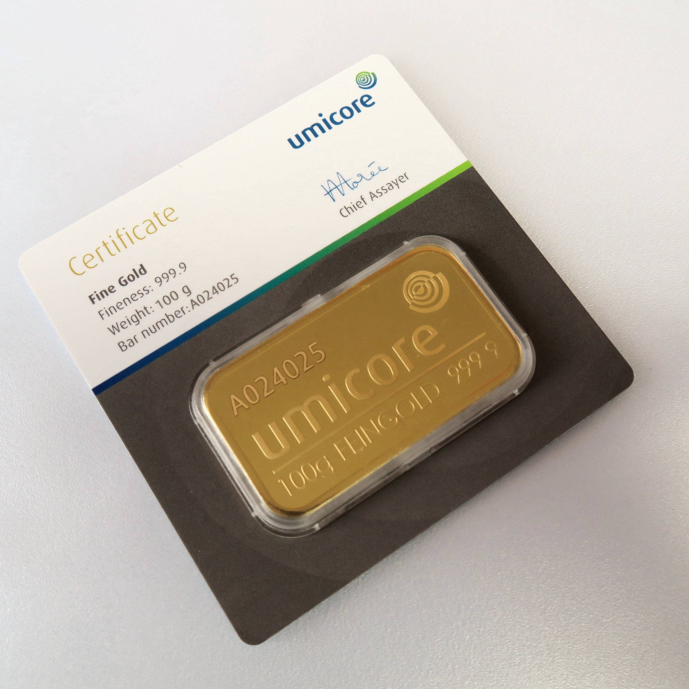Goldbarren 100g UMICORE Blister mit Zertifikat - Detailansicht 2