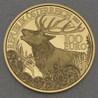 Goldmünze 100 Euro "Rothirsch" 2013 Unseren Wildtieren auf der Spur (Österreich) - Miniaturansicht 1