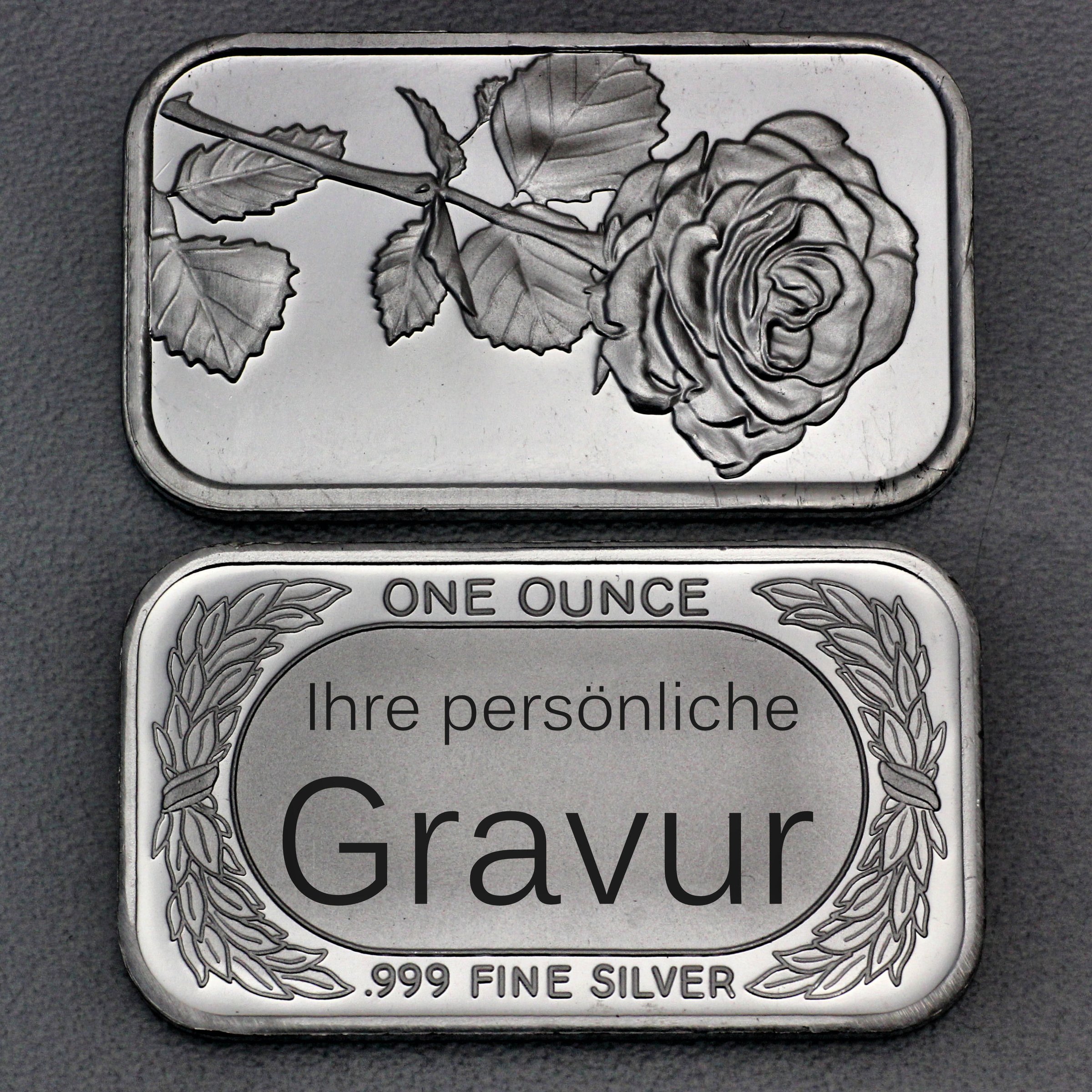 Silber 3-D Barren "Gravur-Rose" 1oz, gegossen - Hauptansicht