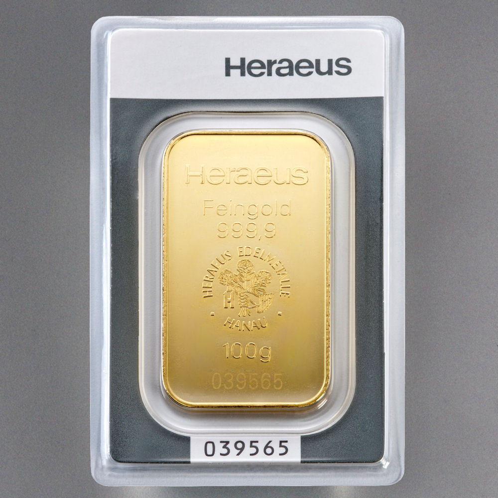 Goldbarren 100g HERAEUS geprägt - Detailansicht 1