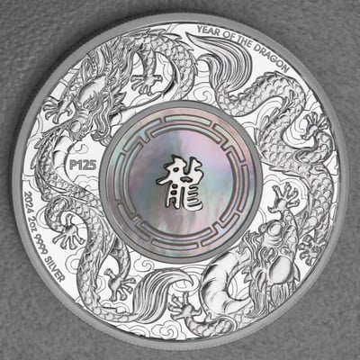 Silbermünze 2oz "Double Dragon & Pearl" 2024 (PP) Perlmutt-Einsatz 19% (Australien) - Miniaturansicht 1