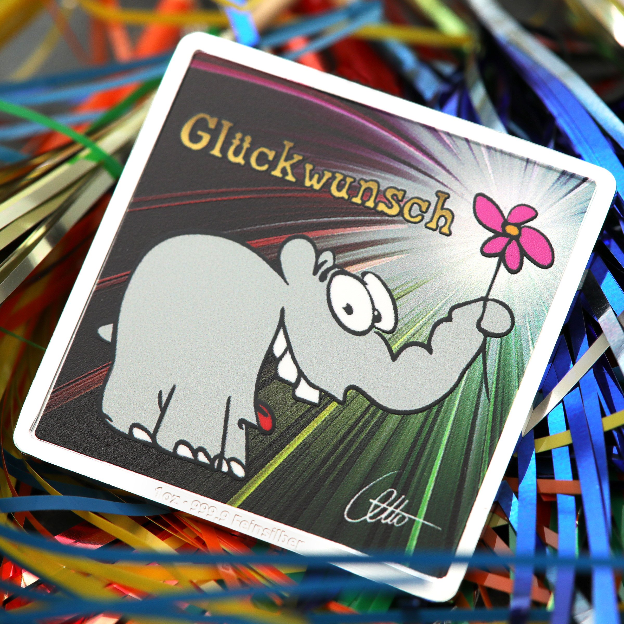Silberbarren 1oz "Glückwunsch" quadratisch (koloriert) Ottifanten - Detailansicht 5