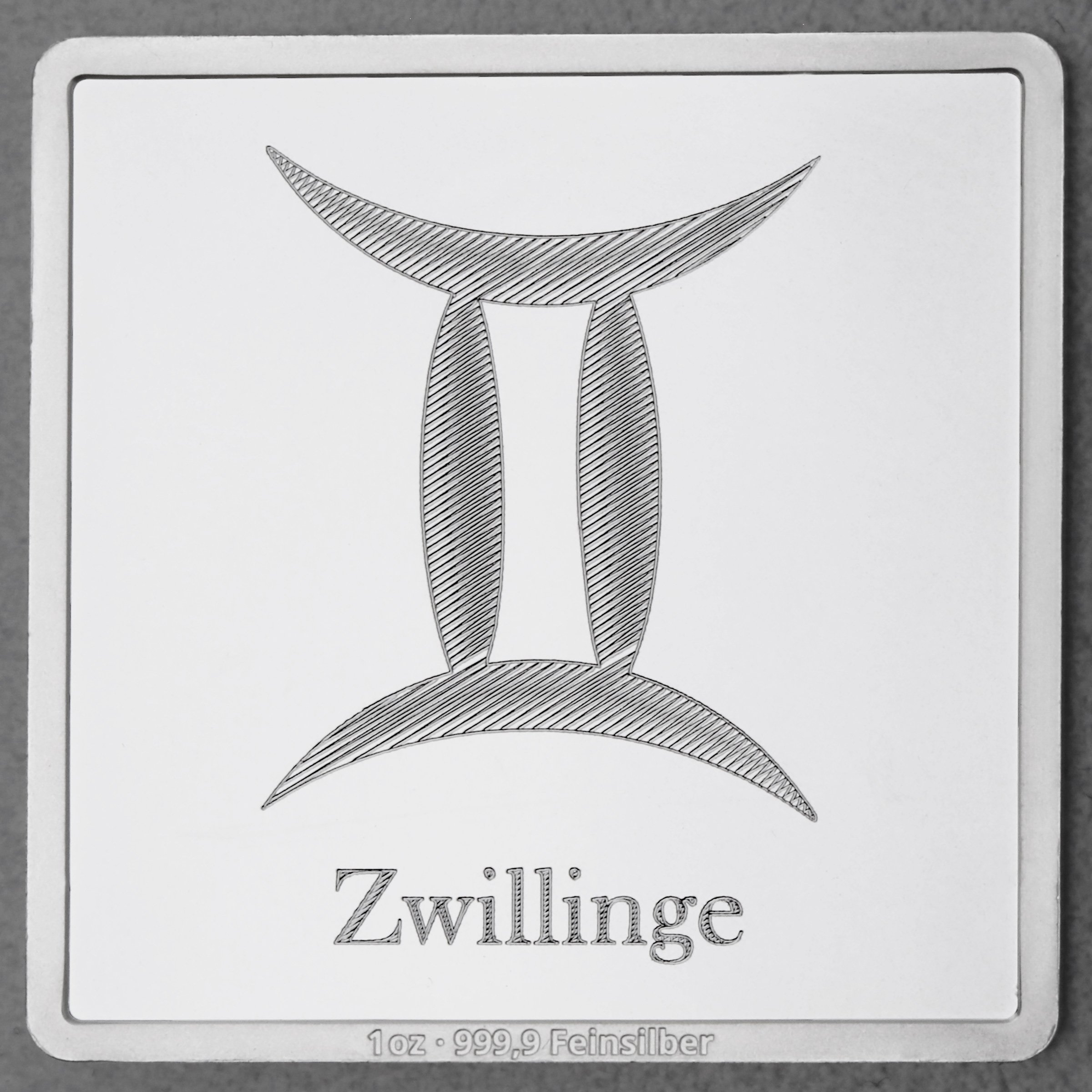 Silberbarren 1oz "Sternzeichen Zwillinge" Gravurbarren quadratisch - Hauptansicht