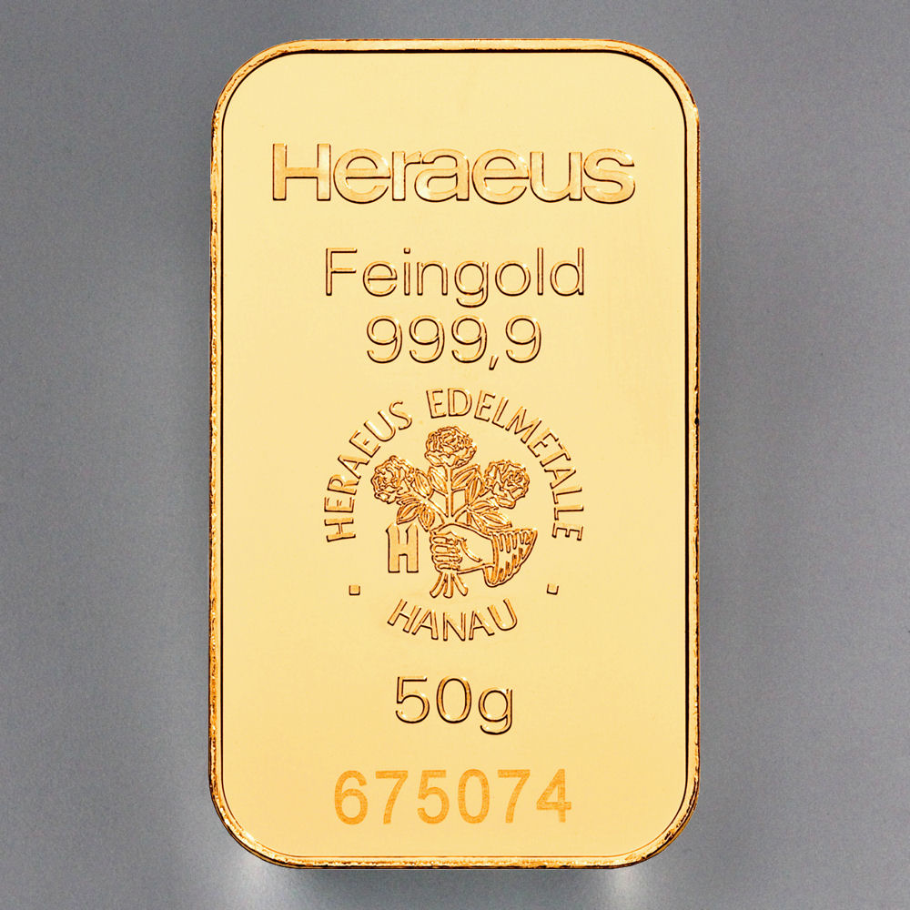 Goldbarren 50g HERAEUS geprägt - Hauptansicht