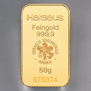 Goldbarren 50g HERAEUS geprägt - Hauptansicht