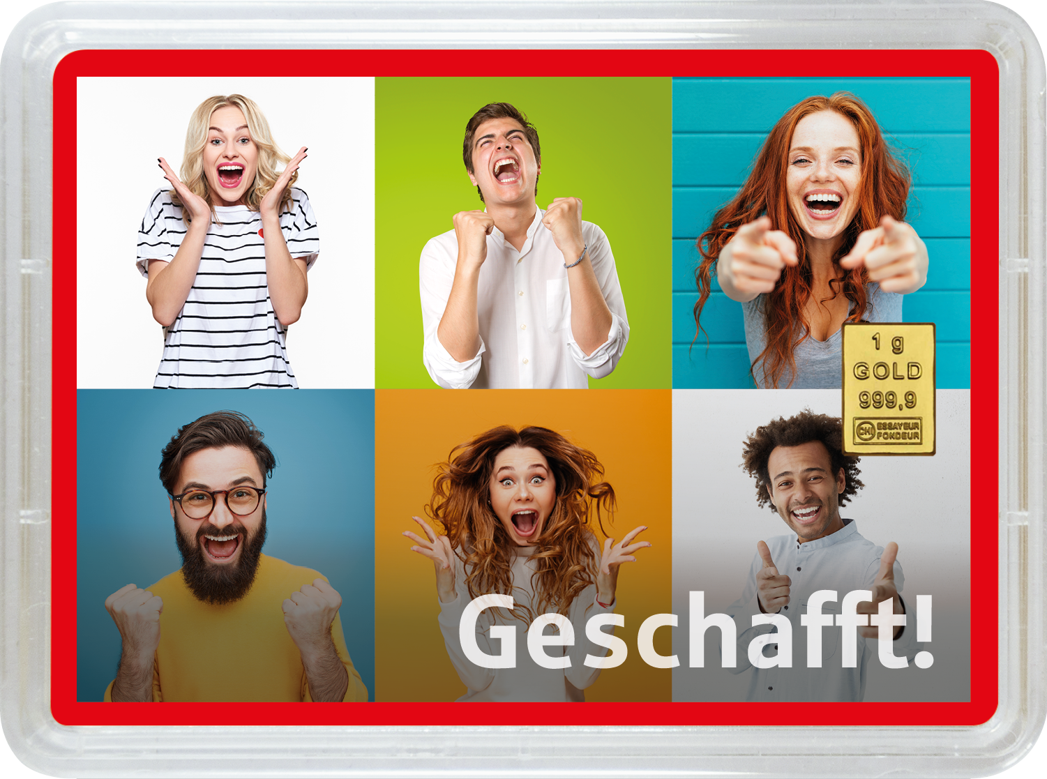 Goldbarren 1g "Geschafft - Jubel" (Motivbox) - Hauptansicht