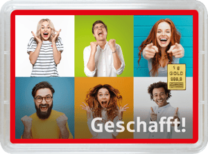 Goldbarren 1g "Geschafft - Jubel" (Motivbox) - Hauptansicht