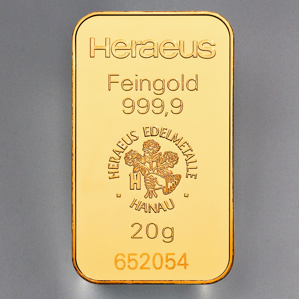Goldbarren 20g HERAEUS geprägt - Hauptansicht