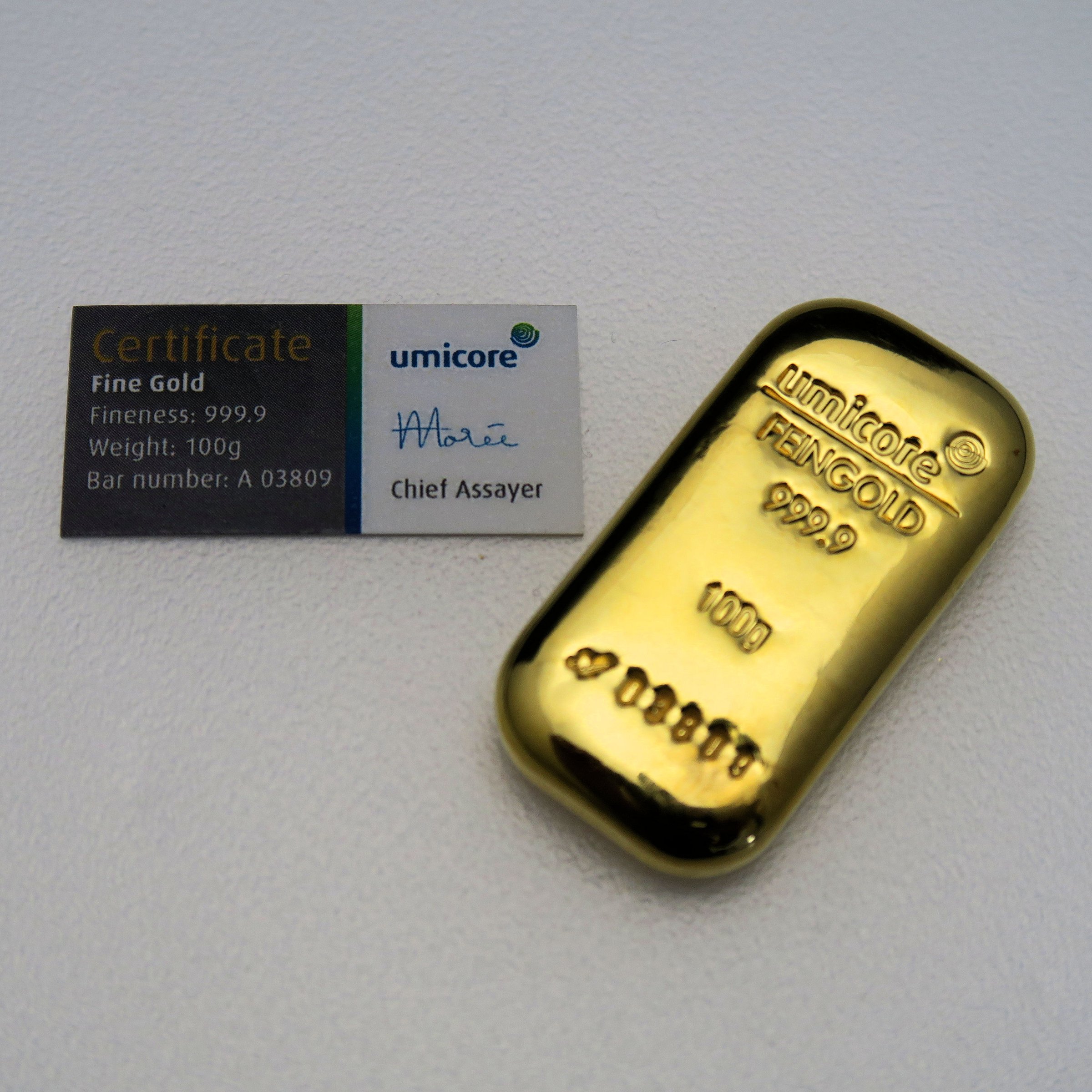 Goldbarren 100g UMICORE gegossen - Detailansicht 1