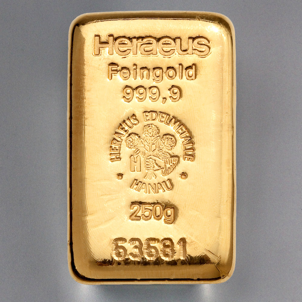 Goldbarren 250g HERAEUS gegossen - Hauptansicht