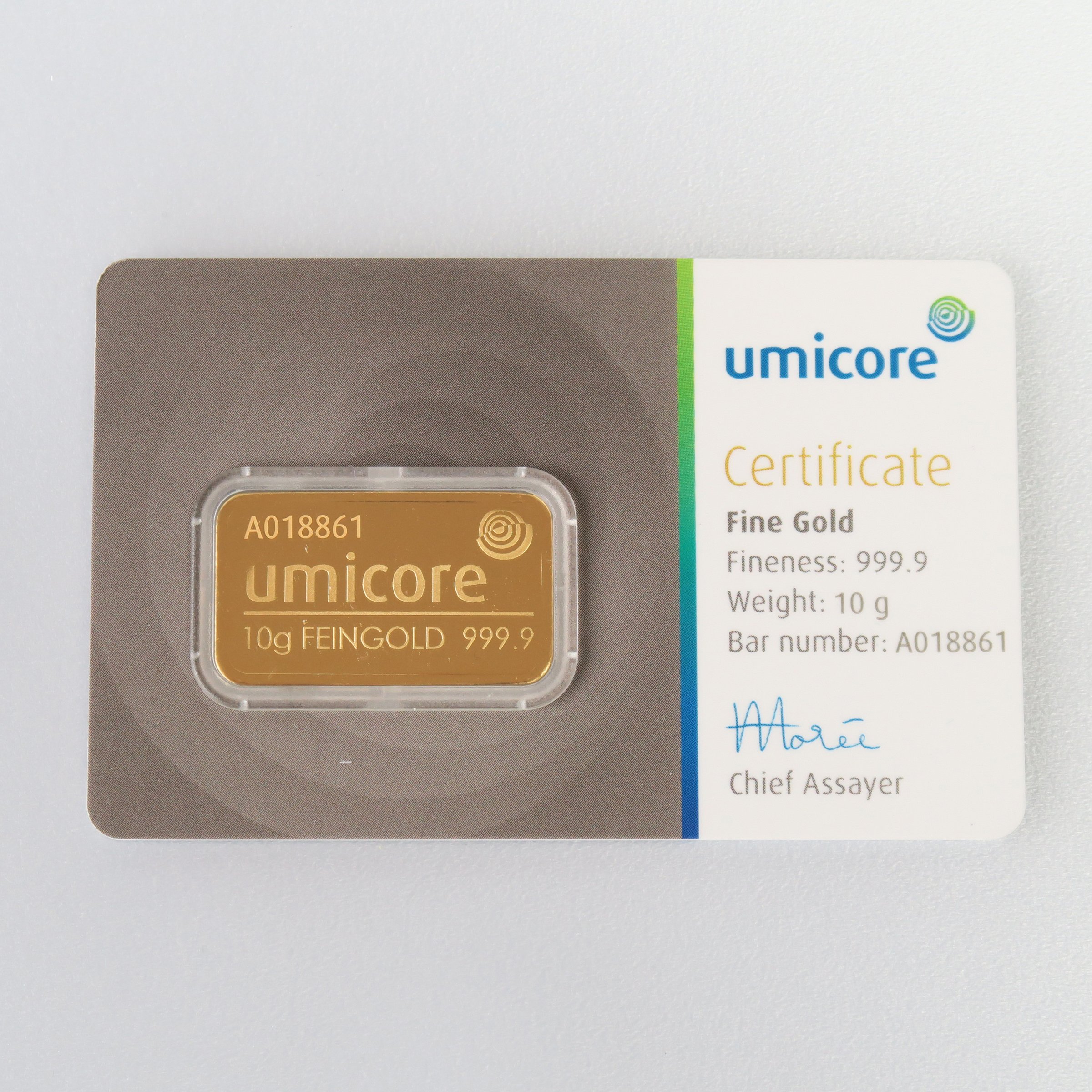Goldbarren 10g UMICORE/Blister m. Zertifikat - Hauptansicht