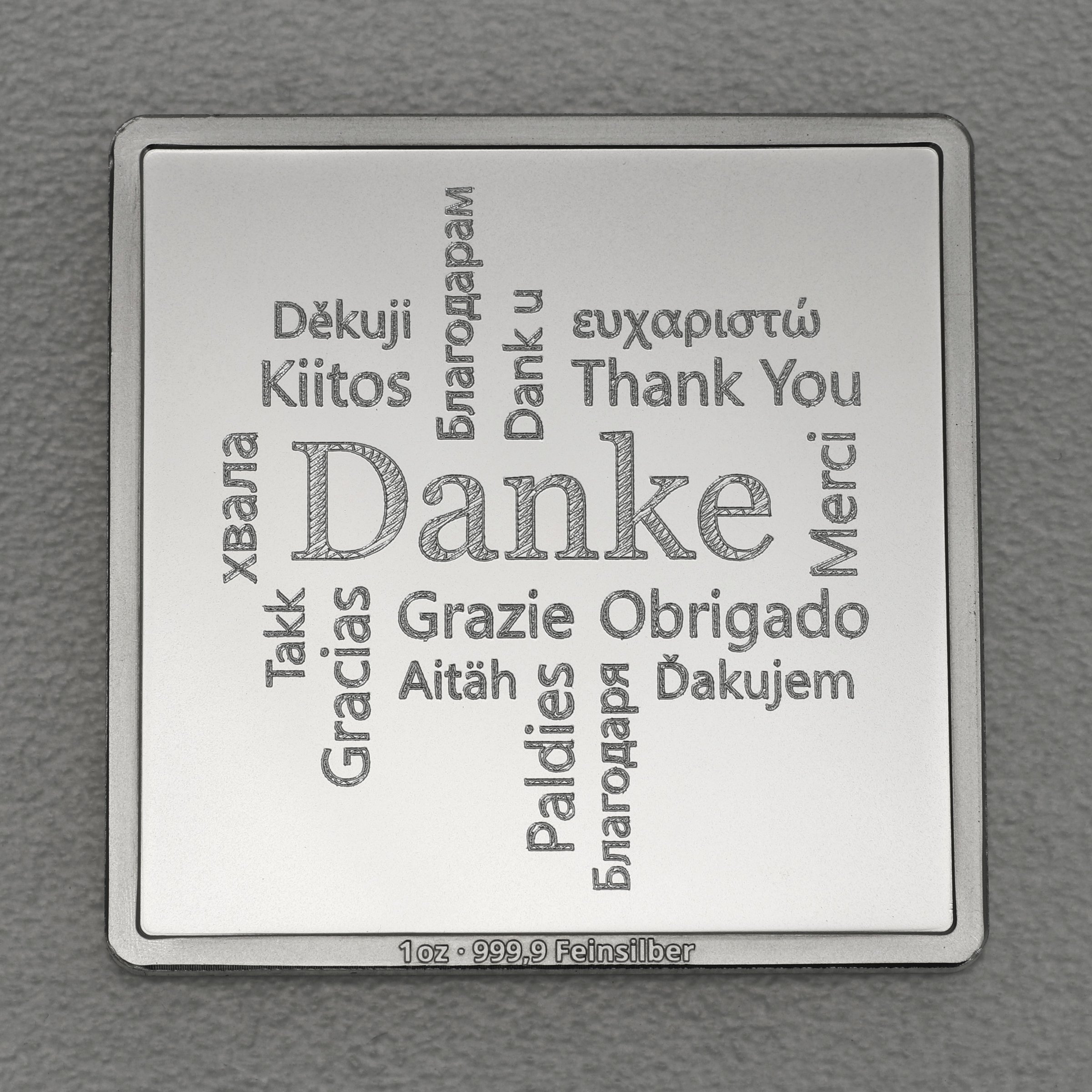 Silberbarren 1oz "Danke - Word-Cloud" Gravurbarren quadratisch - Hauptansicht