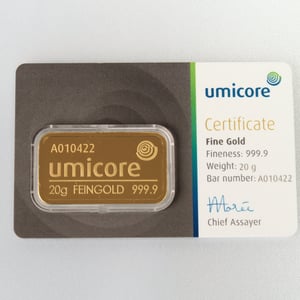 Goldbarren 20g UMICORE/Blister m. Zertifikat - Hauptansicht