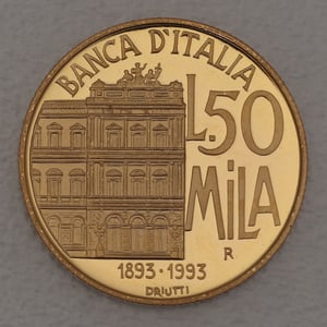 Goldmünze "50000 Lire" 1993 100 Jahre Bank von Italien (Italien) - Hauptansicht
