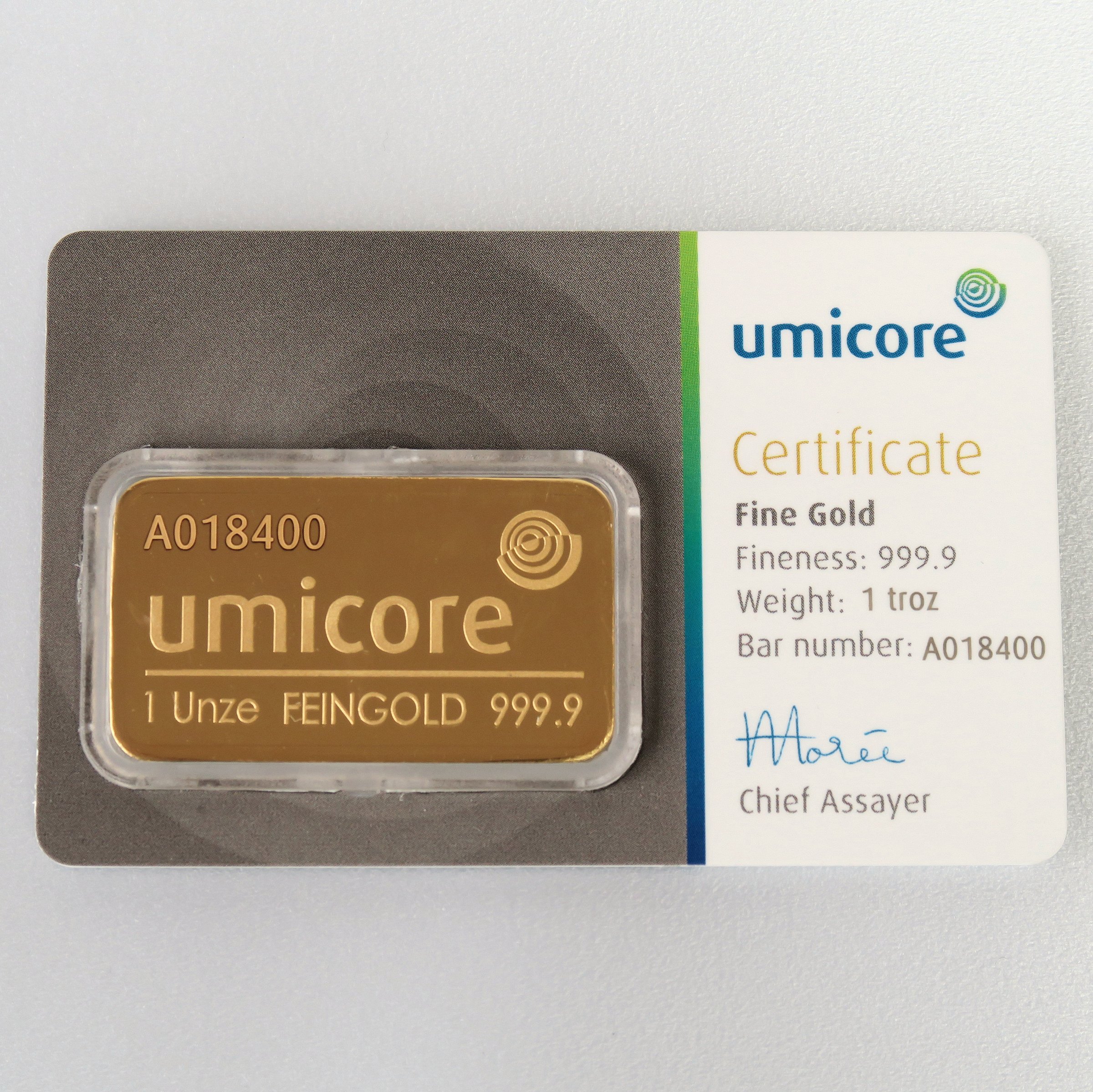 Goldbarren 1oz UMICORE/Blister m. Zertifikat - Hauptansicht