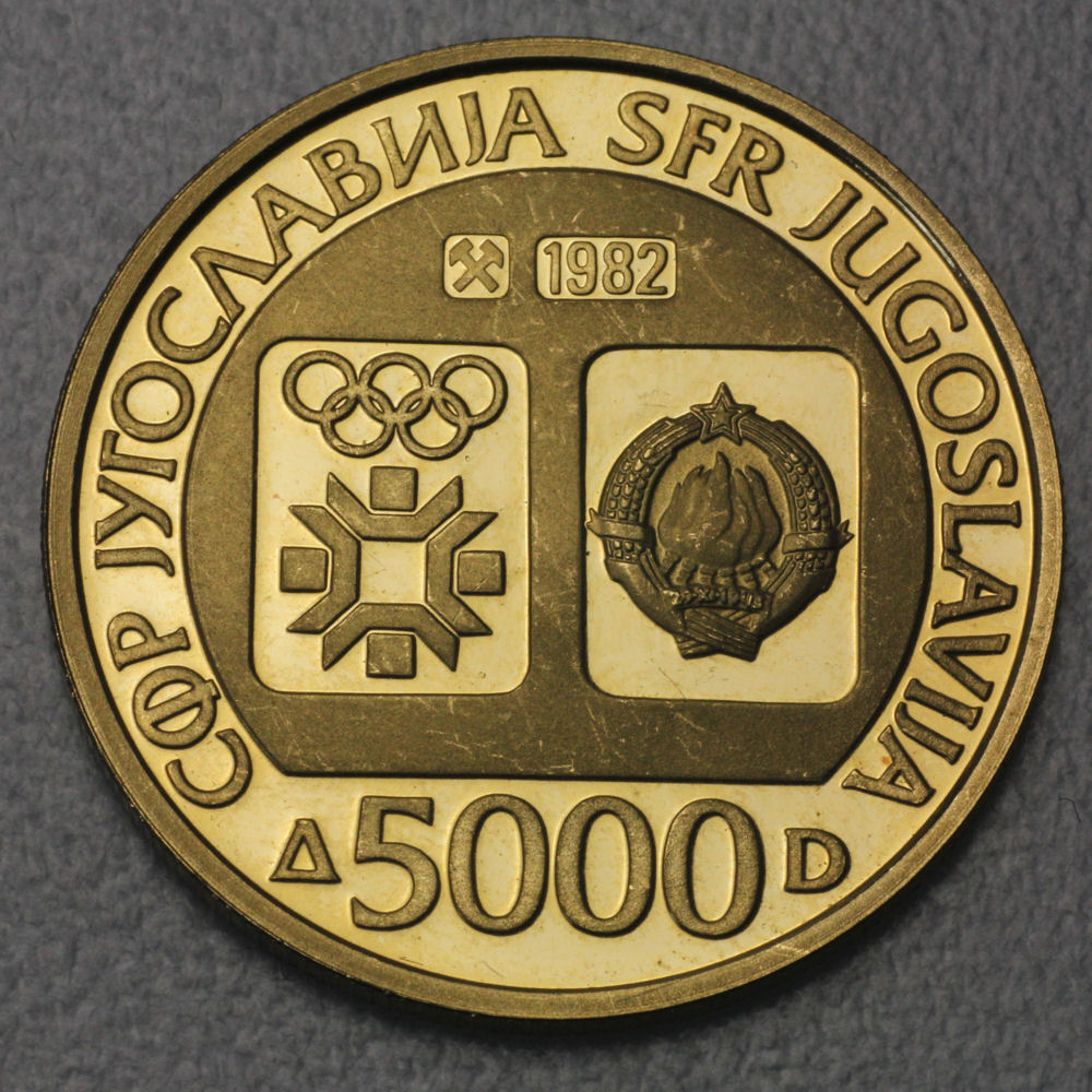 Goldmünze 5000 Dinar "Emblem" 1982 (PP) Olympische Winterspiele Sarajewo (Jugoslawien) - Detailansicht 1