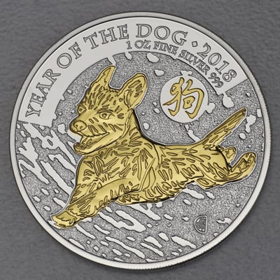 Silbermünze 1oz "Hund" 2018 (vergoldet) Lunar II – Year of the Dog (Großbritannien) - Miniaturansicht 1