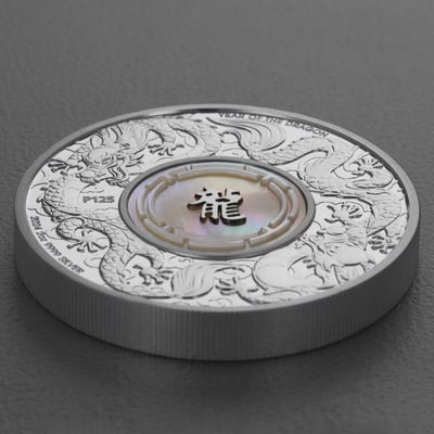 Silbermünze 2oz "Double Dragon & Pearl" 2024 (PP) Perlmutt-Einsatz 19% (Australien) - Miniaturansicht 3