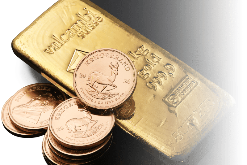 Krügerrand Goldmünzen und ein gegossener Goldbarren von Valcambi