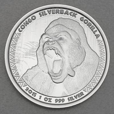 Silbermünze 1oz "Silberrücken Gorilla" 2015 (Kongo) - Miniaturansicht 1