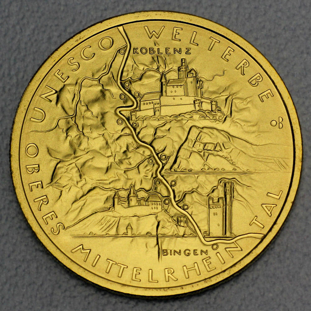 Goldmünze 100 Euro "Oberes Mittelrheintal" 2015 Unesco-Weltkulturerbe (Deutschland) - Hauptansicht