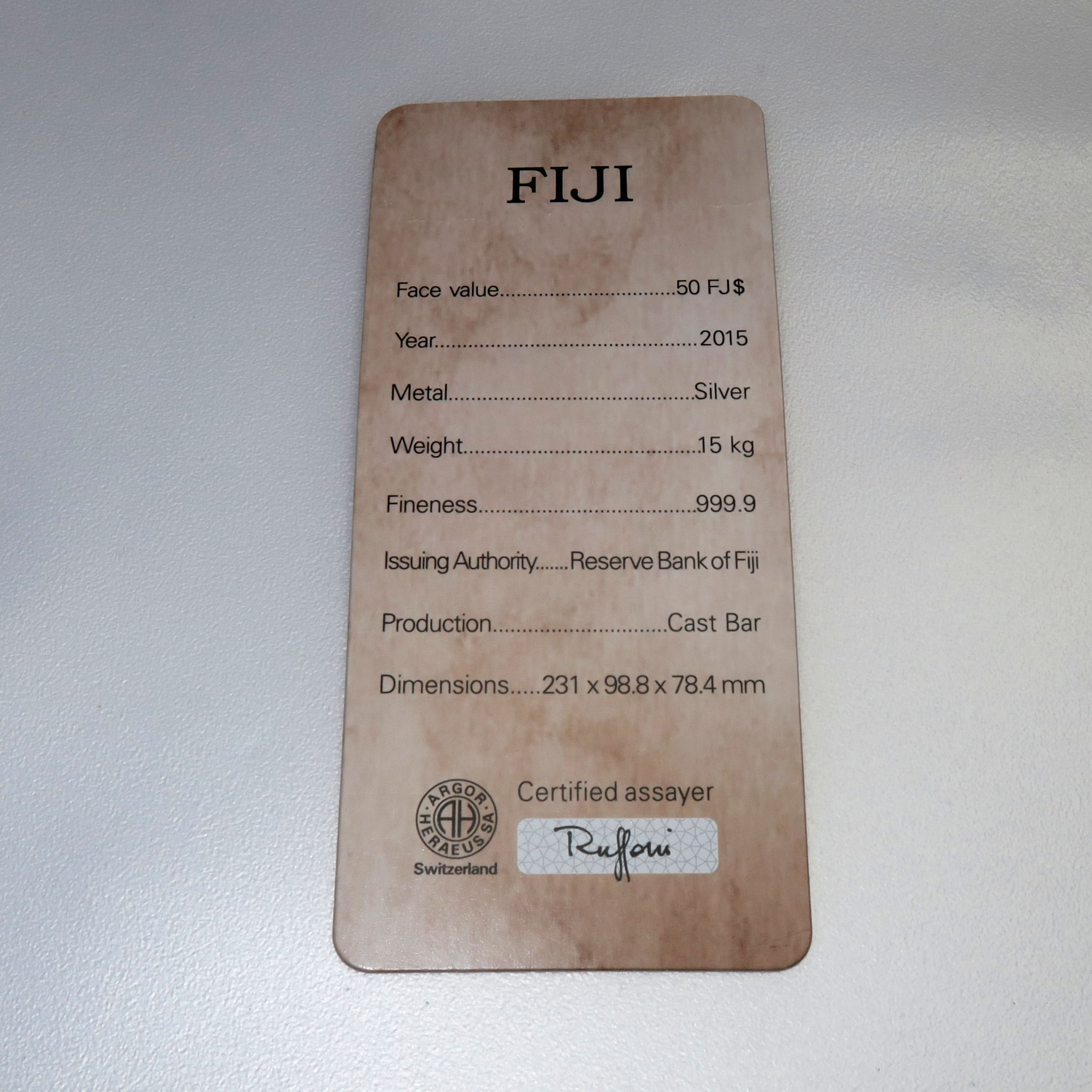 Münzbarren 15kg "Fiji", gegossen (19%) Argor-Heraeus - Detailansicht 6