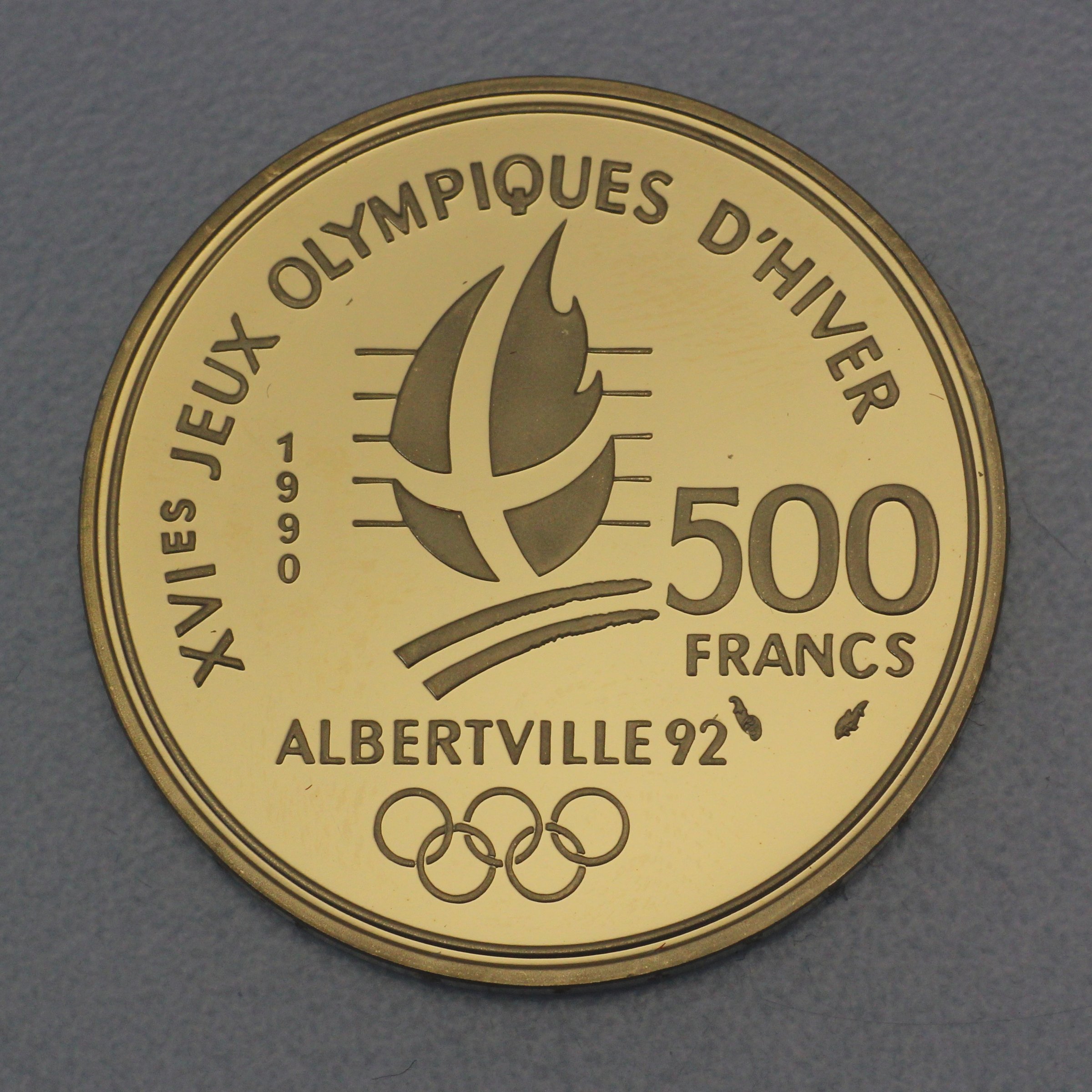 Goldmünze 500 Francs "Speed Skating" 1990 (Frankreich) - Detailansicht 1